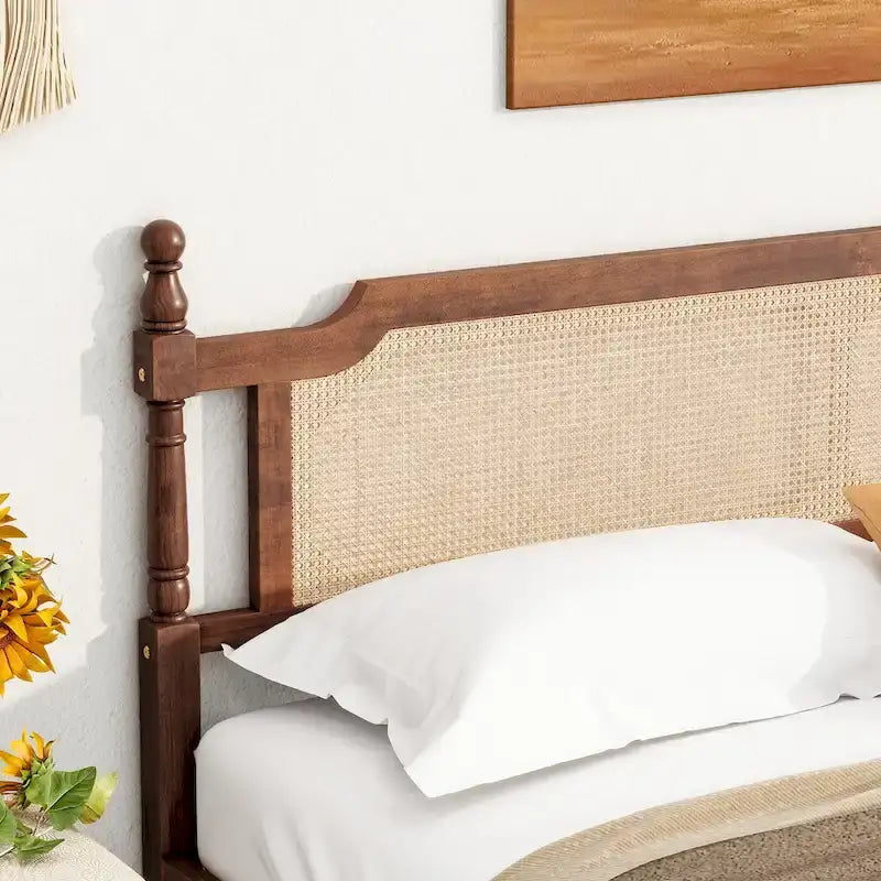 Wooden Bed with Rattan Headboard and Footboard, King Size Bed Low Profile Platform Bed with Central Enhanced Bed Platform