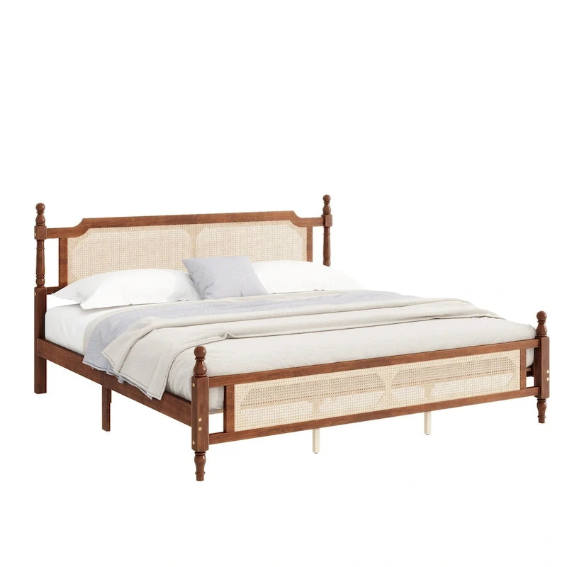 Wooden Bed with Rattan Headboard and Footboard, King Size Bed Low Profile Platform Bed with Central Enhanced Bed Platform