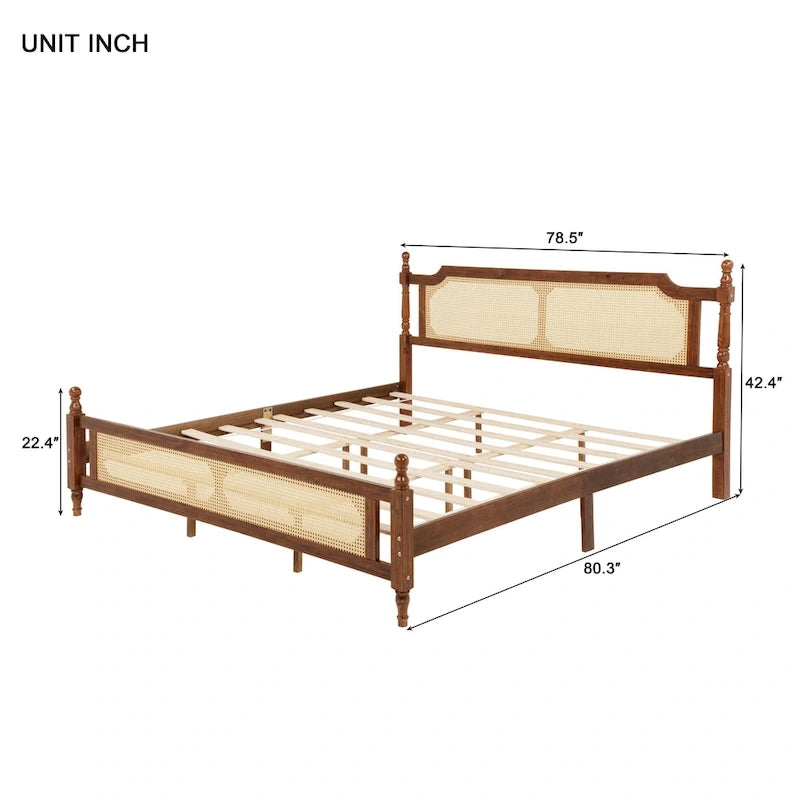 Wooden Bed with Rattan Headboard and Footboard, King Size Bed Low Profile Platform Bed with Central Enhanced Bed Platform