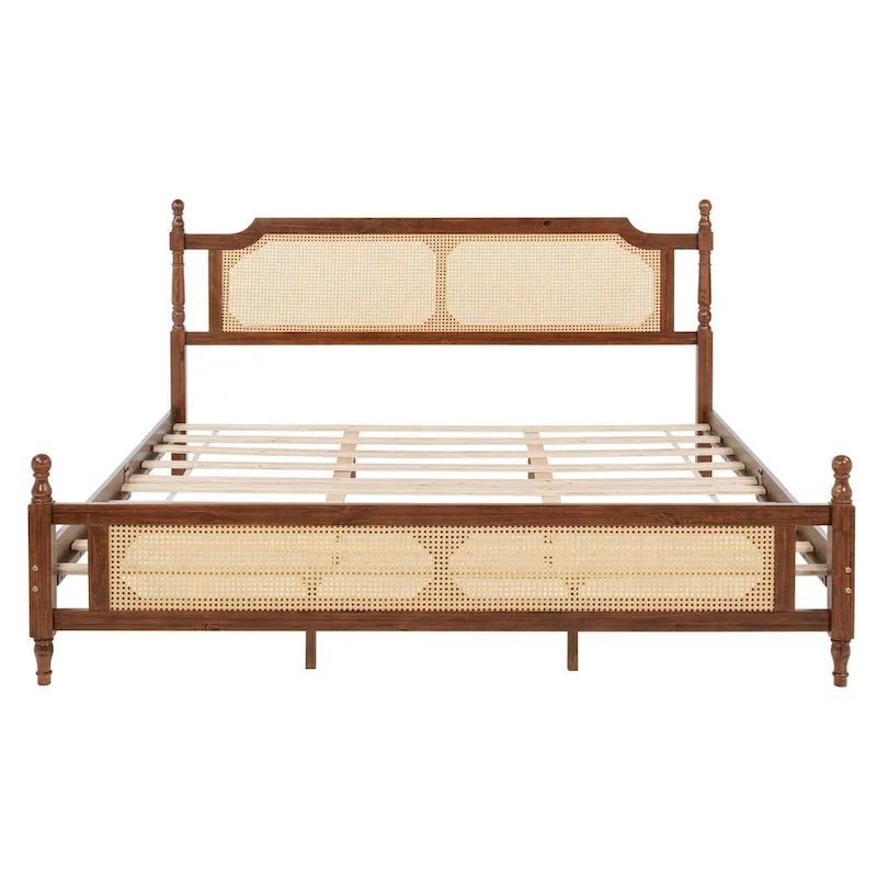 Wooden Bed with Rattan Headboard and Footboard, King Size Bed Low Profile Platform Bed with Central Enhanced Bed Platform