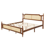 Wooden Bed with Rattan Headboard and Footboard, King Size Bed Low Profile Platform Bed with Central Enhanced Bed Platform
