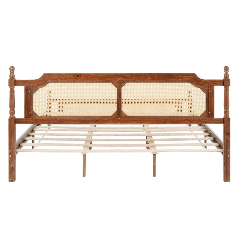 Wooden Bed with Rattan Headboard and Footboard, King Size Bed Low Profile Platform Bed with Central Enhanced Bed Platform
