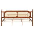 Wooden Bed with Rattan Headboard and Footboard, King Size Bed Low Profile Platform Bed with Central Enhanced Bed Platform