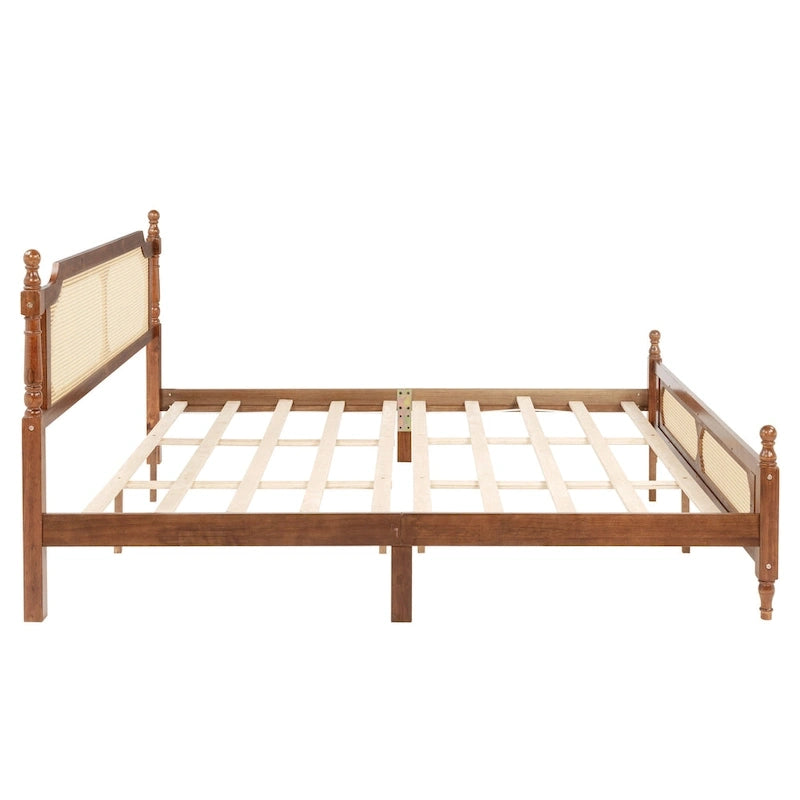 Wooden Bed with Rattan Headboard and Footboard, King Size Bed Low Profile Platform Bed with Central Enhanced Bed Platform