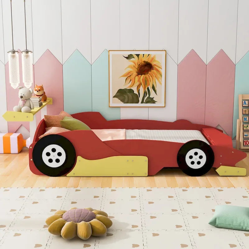 Full Size Race Car-Shaped Platform Bed with Wheels