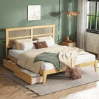 King Size Platform Bed with Rattan Headboard, Two Drawers