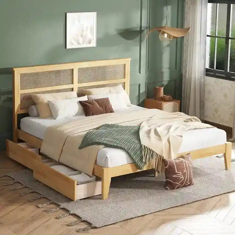 King Size Platform Bed with Rattan Headboard, Two Drawers