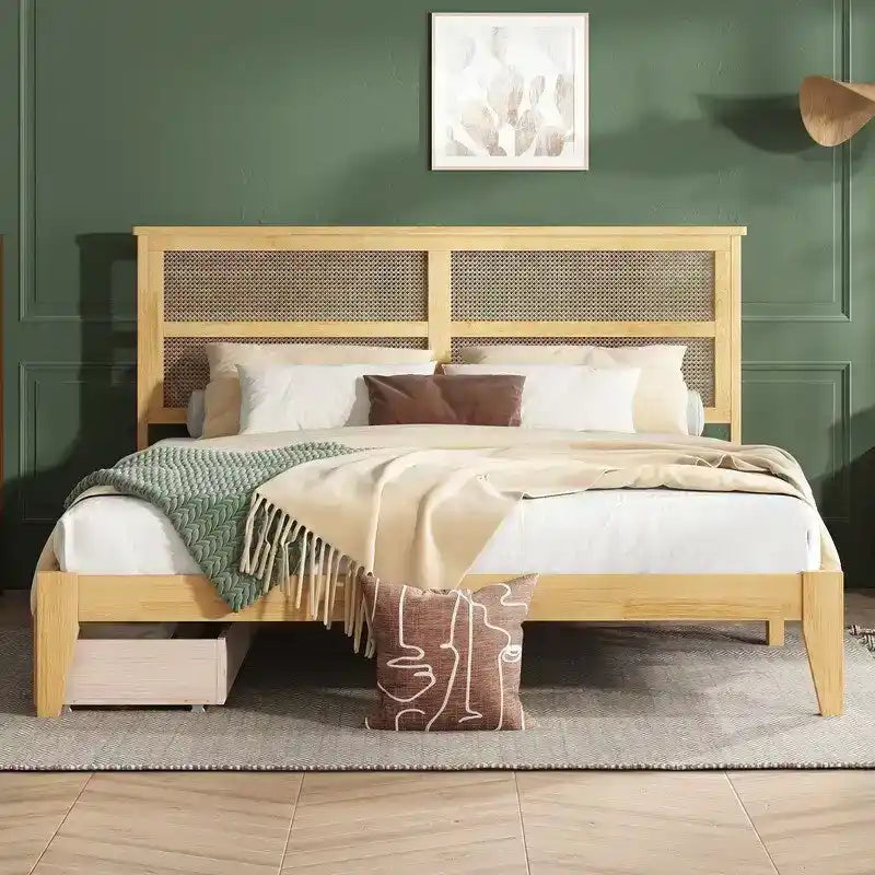 King Size Platform Bed with Rattan Headboard, Two Drawers