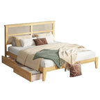 King Size Platform Bed with Rattan Headboard, Two Drawers