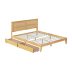 King Size Platform Bed with Rattan Headboard, Two Drawers