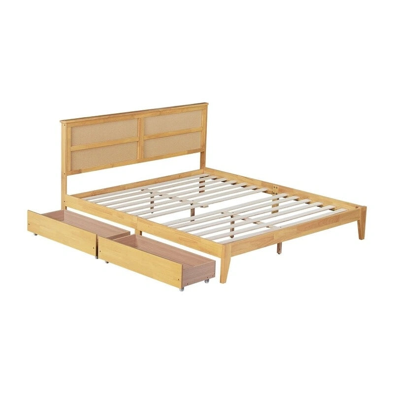 King Size Platform Bed with Rattan Headboard, Two Drawers