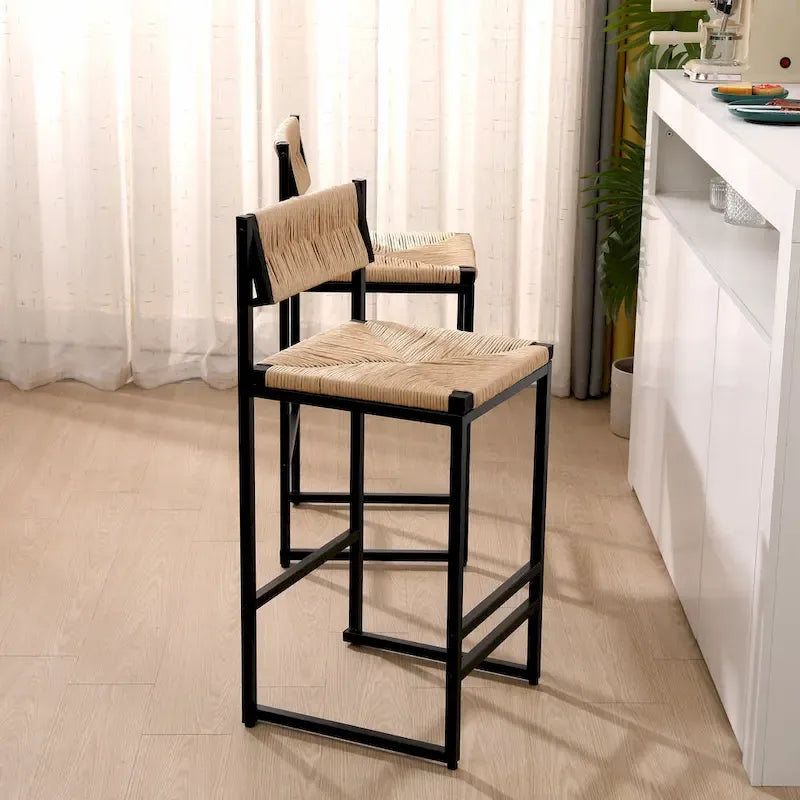 Bar Stools Set of 2, Paper Rope Weave Dining Chairs with Back, Hand Weave Stools for Kitchen Island, Bar & Counter