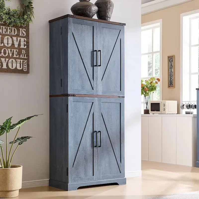 72 Tall Farmhouse Kitchen Pantry, Storage Cabinet with Barn Doors - N/A