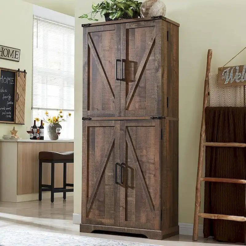 72 Tall Farmhouse Kitchen Pantry, Storage Cabinet with Barn Doors - N/A