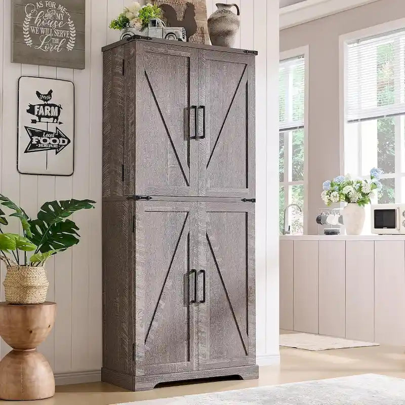 72 Tall Farmhouse Kitchen Pantry, Storage Cabinet with Barn Doors - N/A