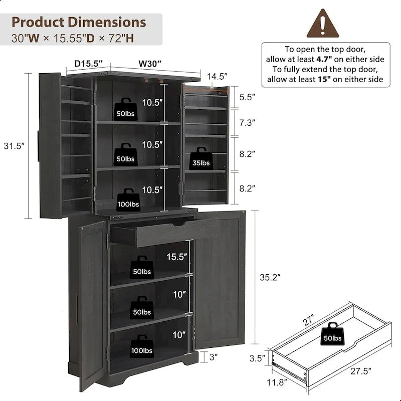 72 Tall Farmhouse Kitchen Pantry, Storage Cabinet with Barn Doors - N/A