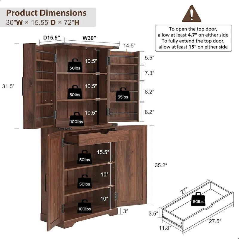72 Tall Farmhouse Kitchen Pantry, Storage Cabinet with Barn Doors - N/A