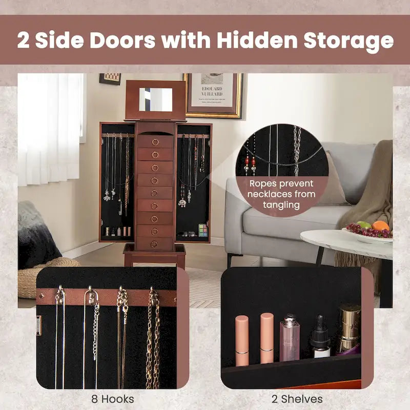 Costway Wood Jewelry Cabinet Armoire Storage Box Chest Stand Organizer - 10.5 X16 X40