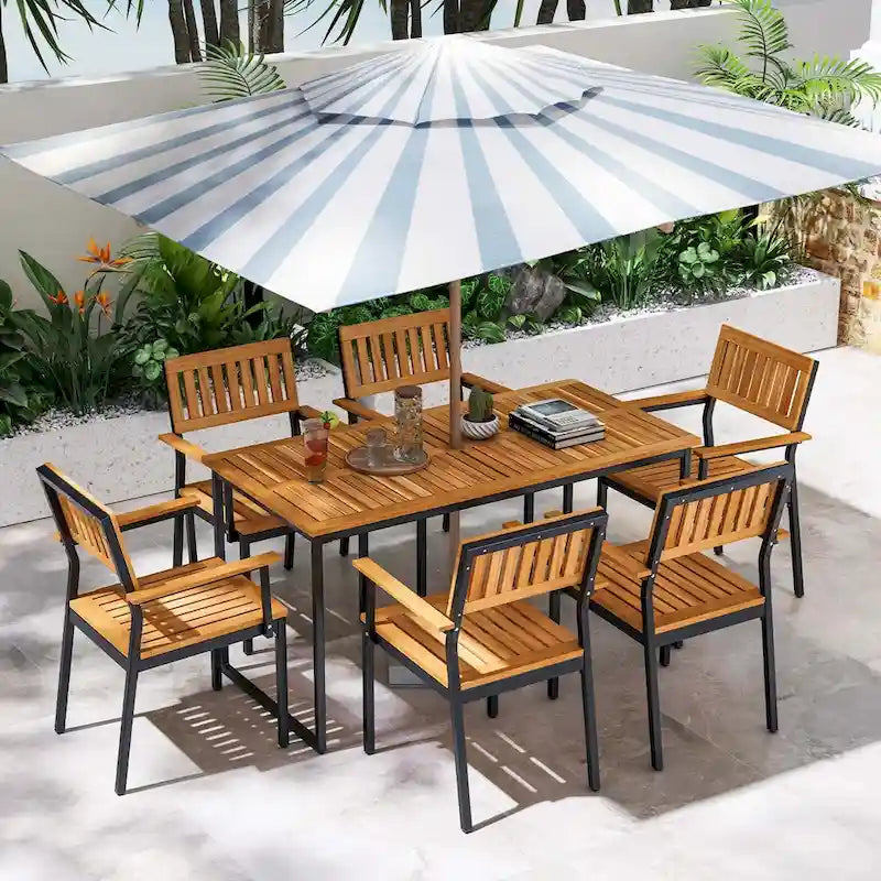 Costway 7 PCS Outdoor Dining Set for 6 with Metal Frame Umbrella Hole - 7 PCS