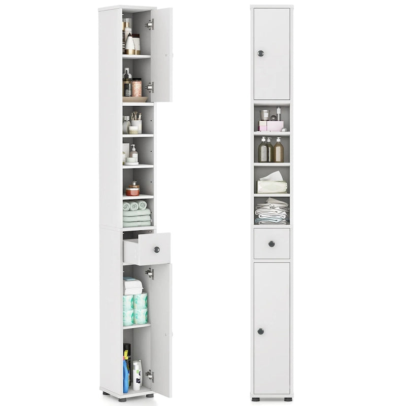 Gymax Tall Slim Bathroom Storage Cabinet Linen Tower w/ Drawer &