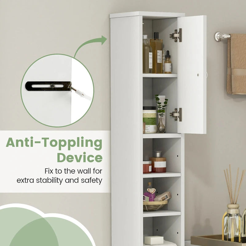 Gymax Tall Slim Bathroom Storage Cabinet Linen Tower w/ Drawer &