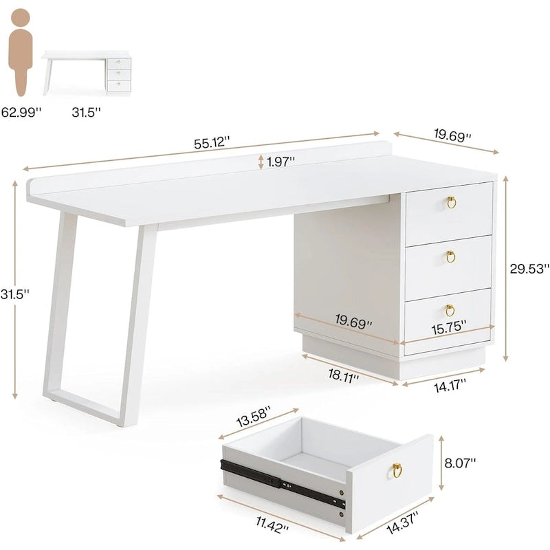 White Computer Desk with Drawers, 55 Inches Modern Home Office Desk with Storage