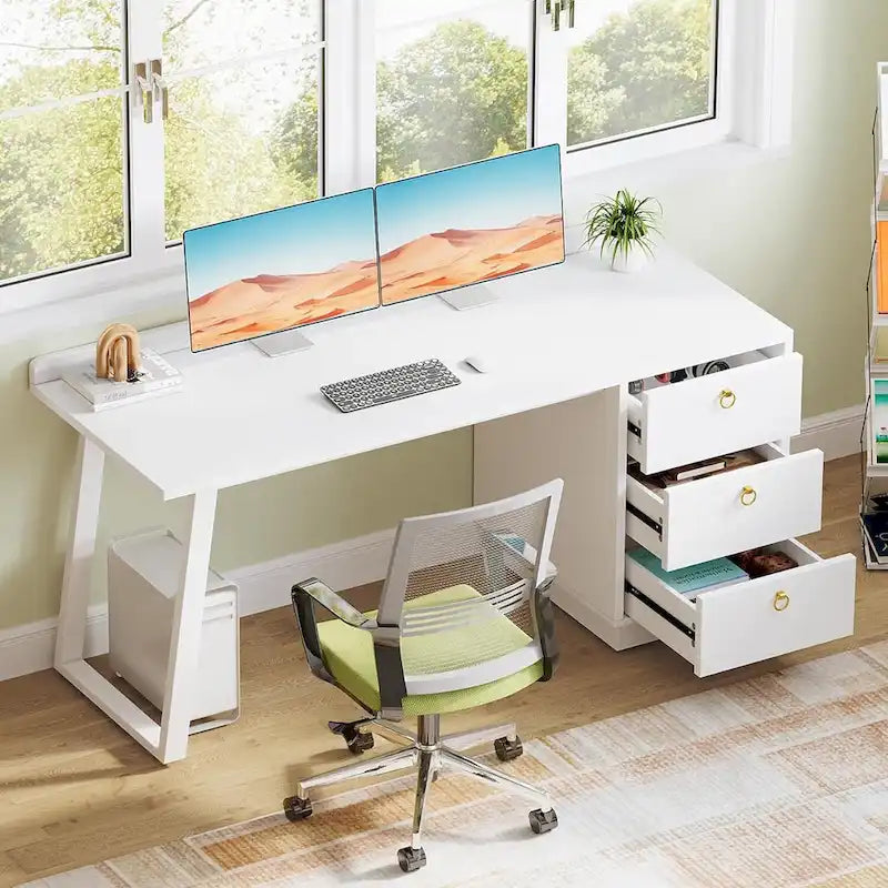 White Computer Desk with Drawers, 55 Inches Modern Home Office Desk with Storage