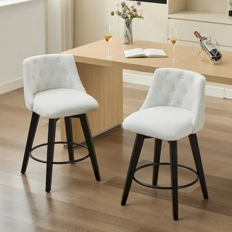 Modern Swivel Linen Upholstery Bar Stools Set of 2, with Button Tufted Back and Solid Wood Frame