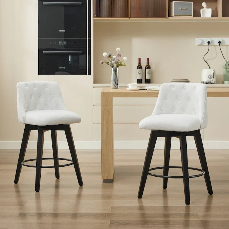 Modern Swivel Linen Upholstery Bar Stools Set of 2, with Button Tufted Back and Solid Wood Frame