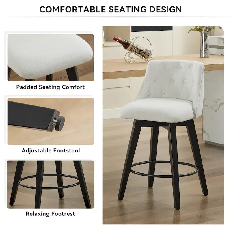 Modern Swivel Linen Upholstery Bar Stools Set of 2, with Button Tufted Back and Solid Wood Frame