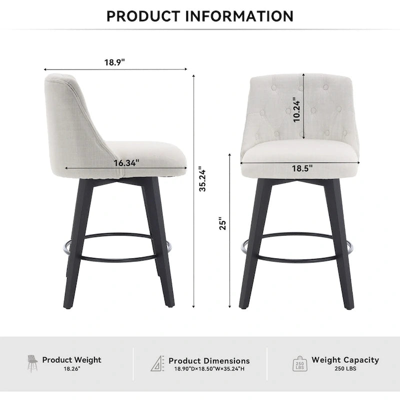 Modern Swivel Linen Upholstery Bar Stools Set of 2, with Button Tufted Back and Solid Wood Frame
