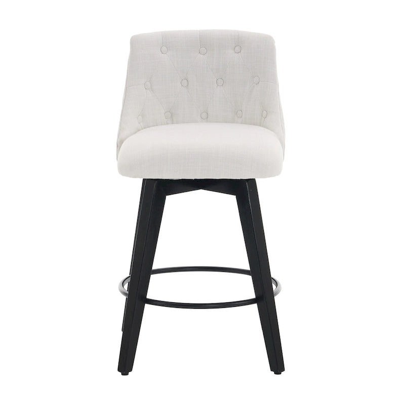 Modern Swivel Linen Upholstery Bar Stools Set of 2, with Button Tufted Back and Solid Wood Frame