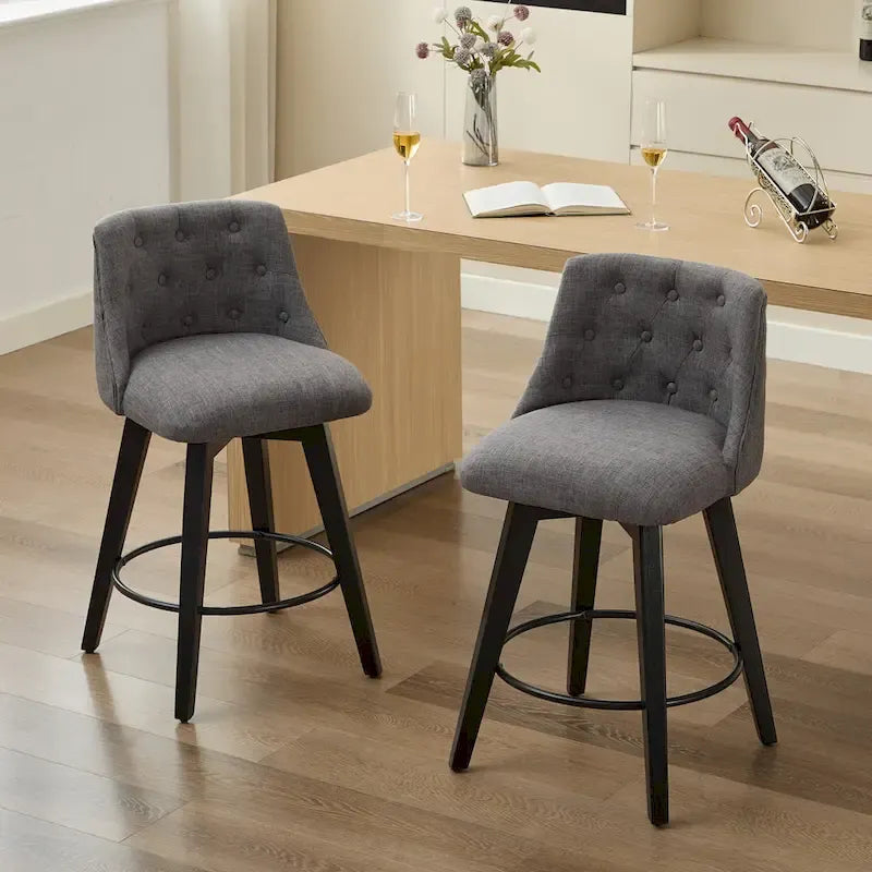 Modern Swivel Linen Upholstery Bar Stools Set of 2, with Button Tufted Back and Solid Wood Frame