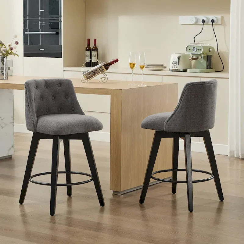 Modern Swivel Linen Upholstery Bar Stools Set of 2, with Button Tufted Back and Solid Wood Frame