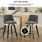 Modern Swivel Linen Upholstery Bar Stools Set of 2, with Button Tufted Back and Solid Wood Frame