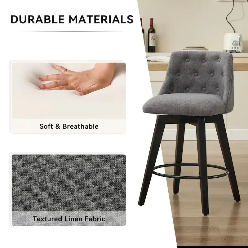 Modern Swivel Linen Upholstery Bar Stools Set of 2, with Button Tufted Back and Solid Wood Frame