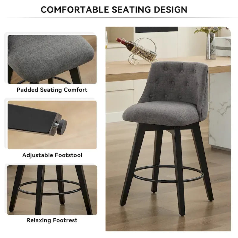 Modern Swivel Linen Upholstery Bar Stools Set of 2, with Button Tufted Back and Solid Wood Frame