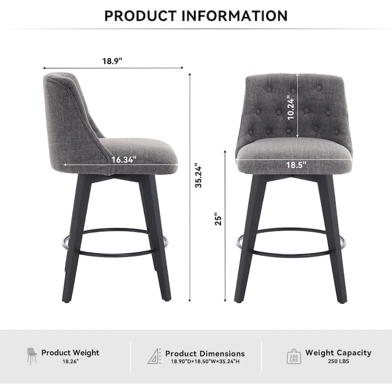 Modern Swivel Linen Upholstery Bar Stools Set of 2, with Button Tufted Back and Solid Wood Frame