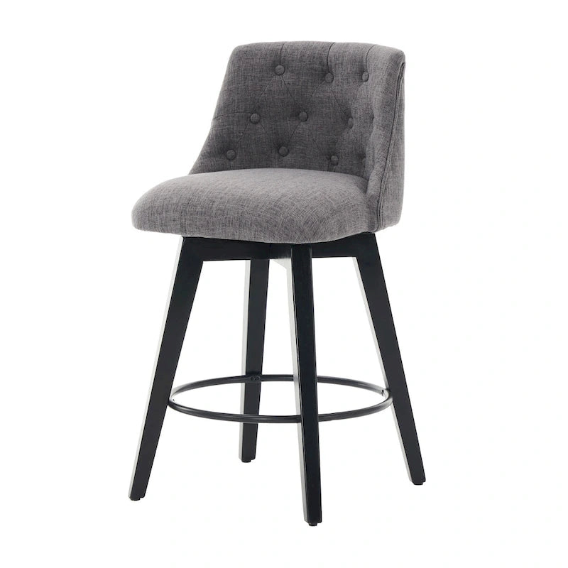 Modern Swivel Linen Upholstery Bar Stools Set of 2, with Button Tufted Back and Solid Wood Frame