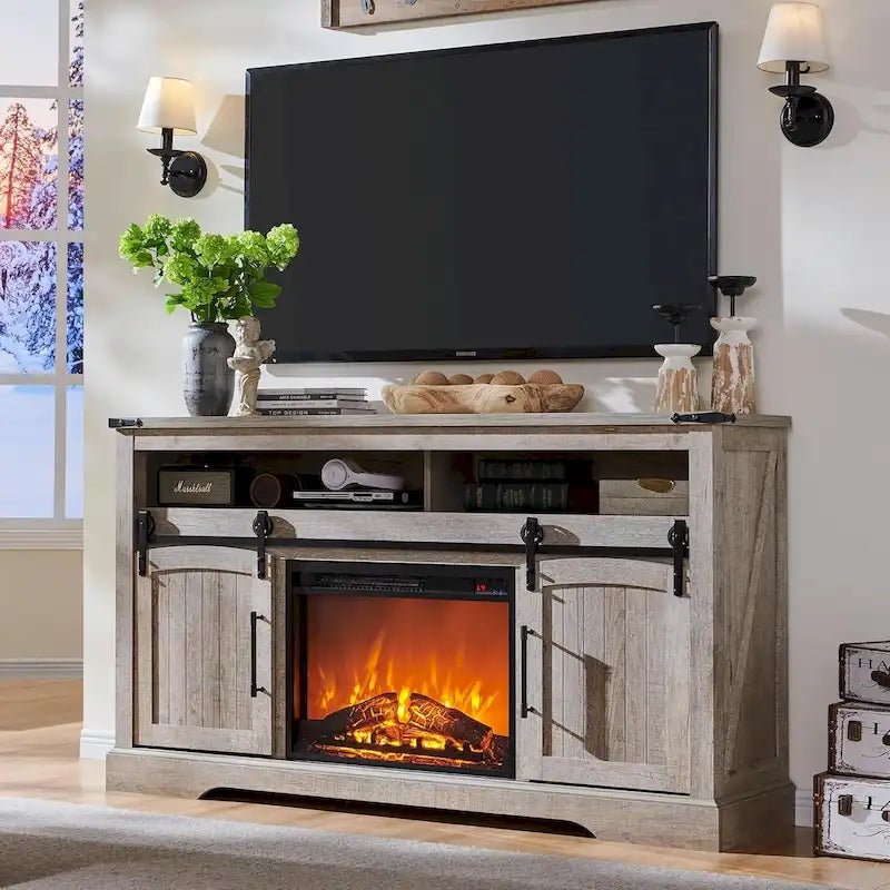 Farmhouse Fireplace TV Stand, Entertainment Center w/ Arched Door