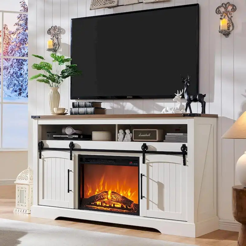 Farmhouse Fireplace TV Stand, Entertainment Center w/ Arched Door