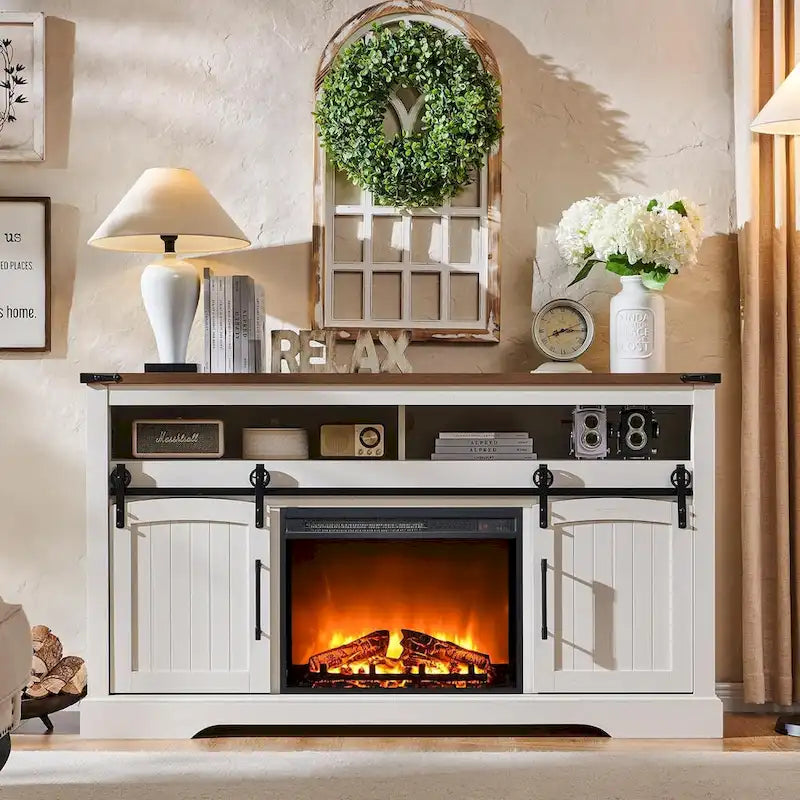 Farmhouse Fireplace TV Stand, Entertainment Center w/ Arched Door