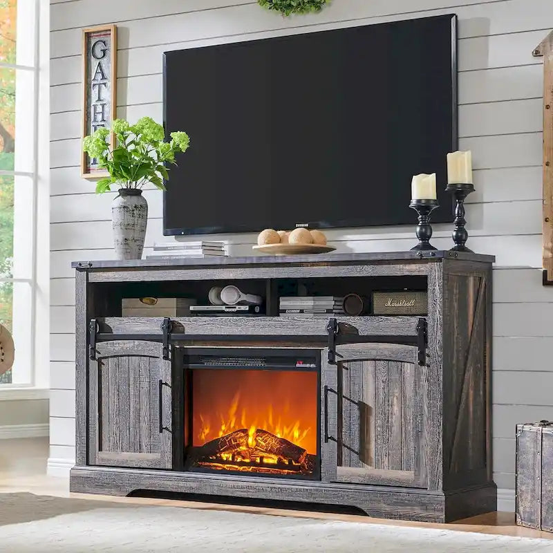 Farmhouse Fireplace TV Stand, Entertainment Center w/ Arched Door