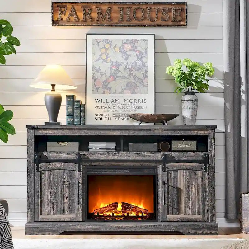 Farmhouse Fireplace TV Stand, Entertainment Center w/ Arched Door
