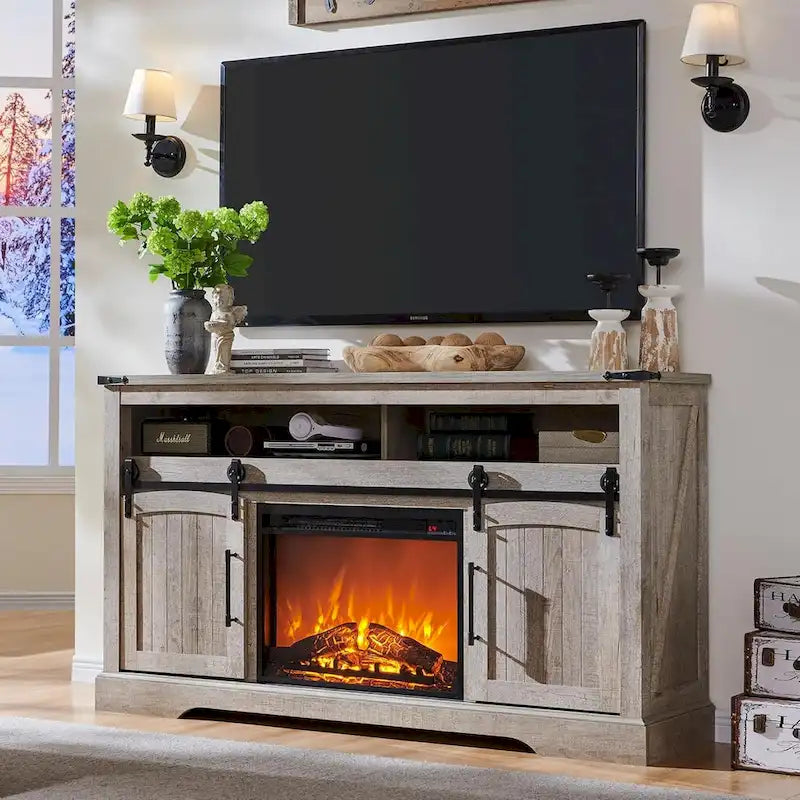 Farmhouse Fireplace TV Stand, Entertainment Center w/ Arched Door