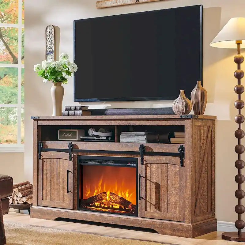 Farmhouse Fireplace TV Stand, Entertainment Center w/ Arched Door