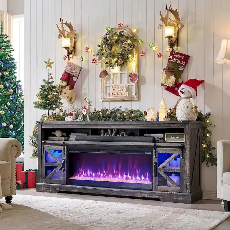 Farmhouse Fireplace TV Stand for 80 TV, Rustic Entertainment Center