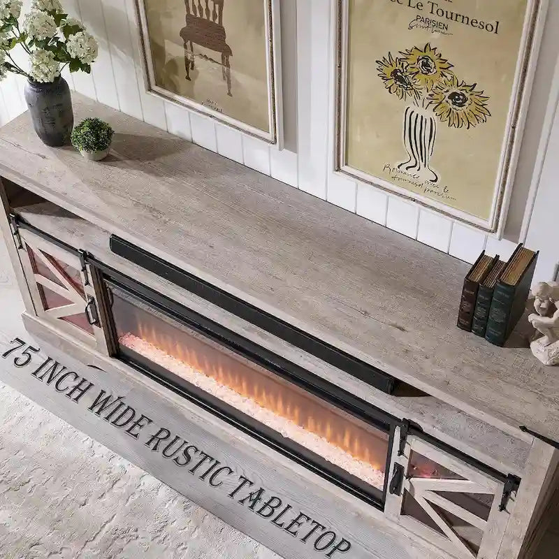 Farmhouse Fireplace TV Stand for 80 TV, Rustic Entertainment Center