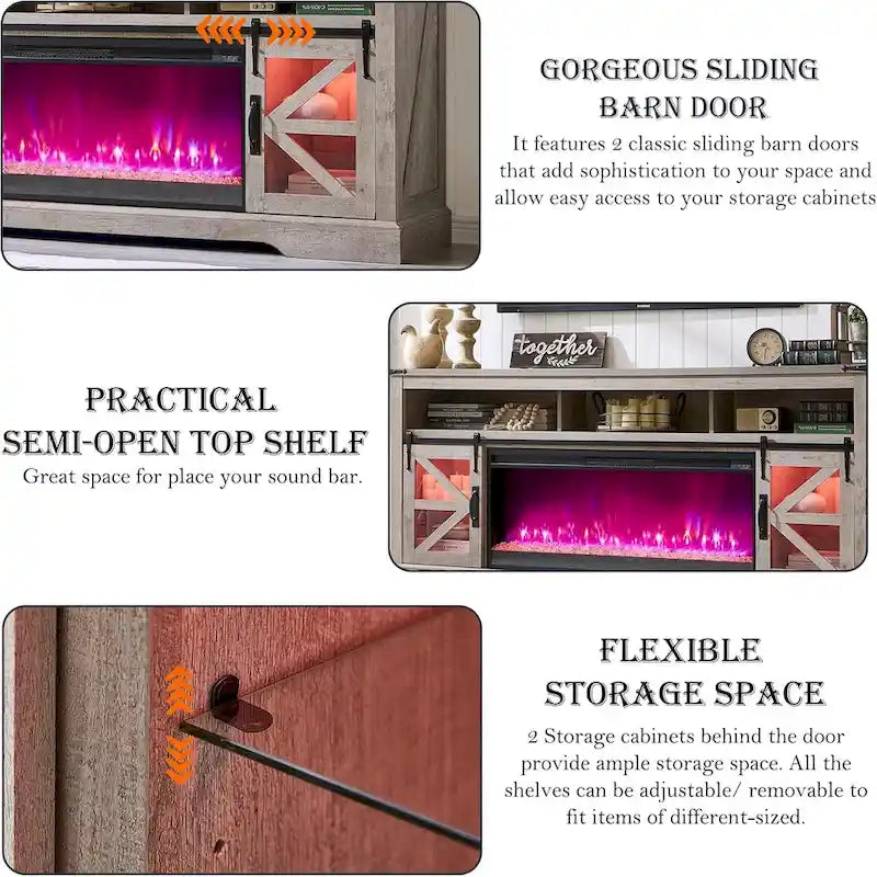 Farmhouse Fireplace TV Stand for 80 TV, Rustic Entertainment Center