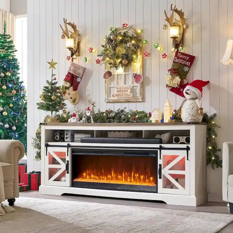 Farmhouse Fireplace TV Stand for 80 TV, Rustic Entertainment Center